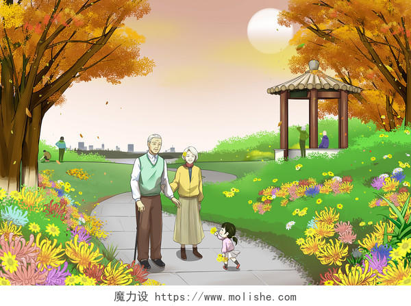 手绘重阳节老人赏菊卡通背景海报素材